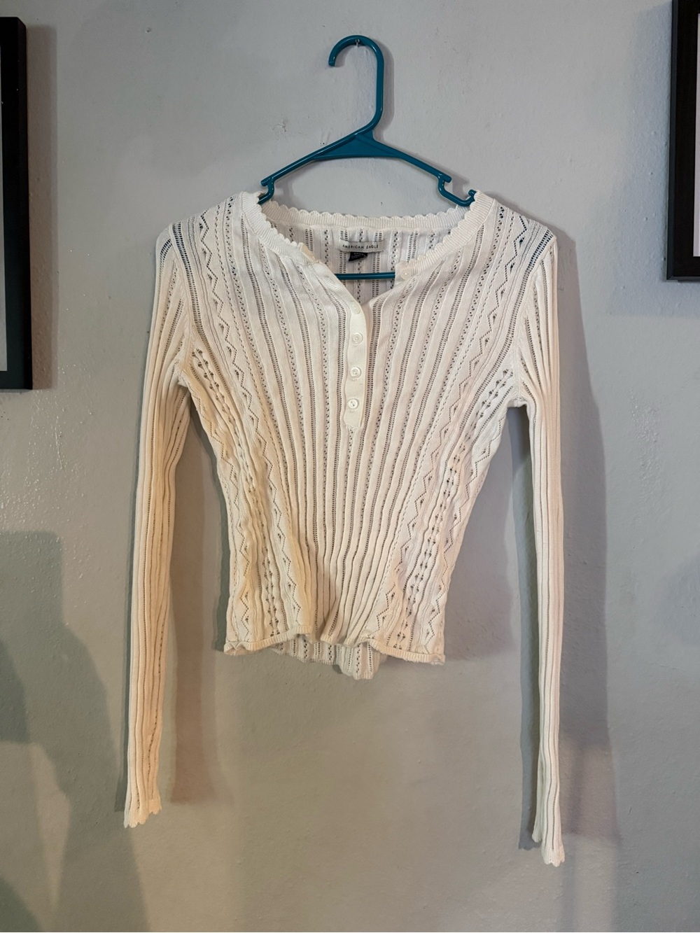 American Eagle Outfitters Cream Ribbed Button-Front Long Sleeve Top